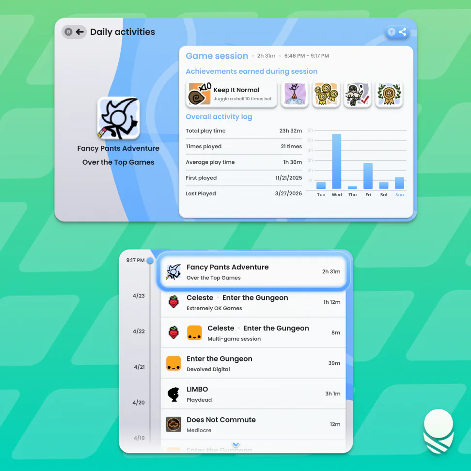 Log Pod daily activity and games ranking screens