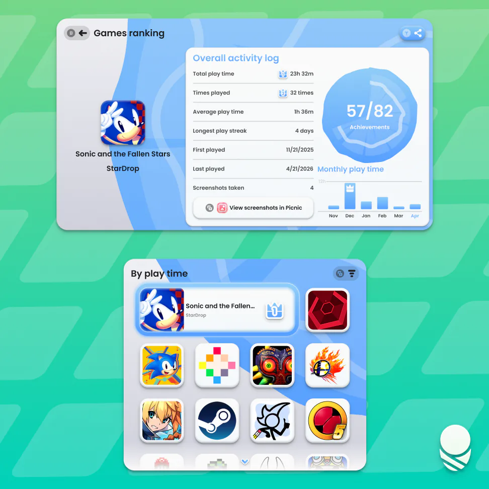 Log Pod game ranking and grid screens