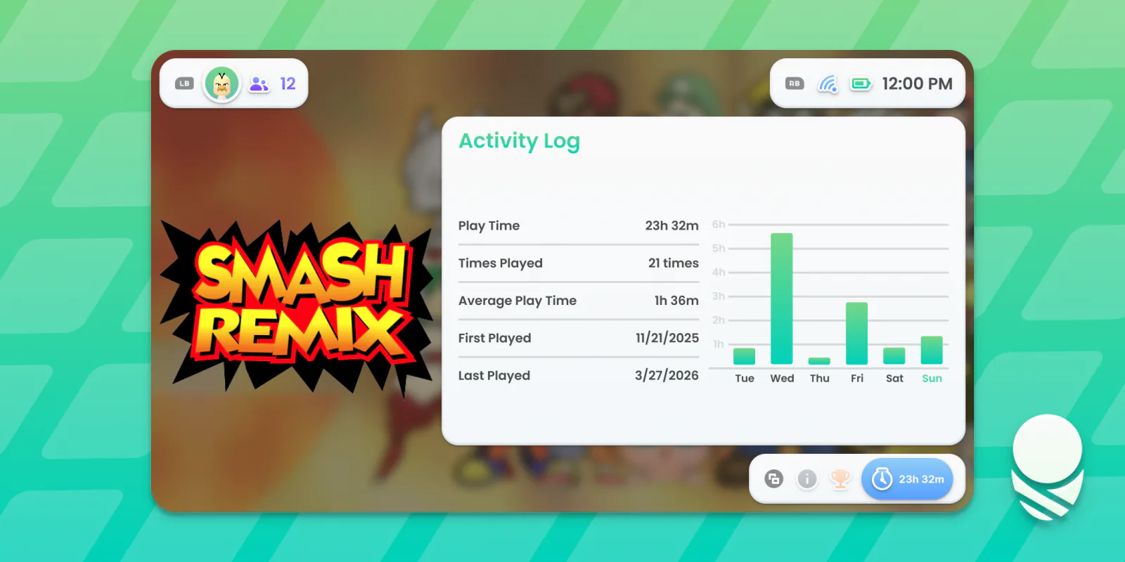 Activity Log tab showing playtime and a weekly graph