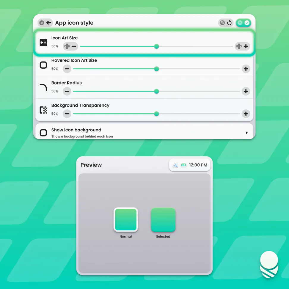 App icon settings with a live preview on the other screen