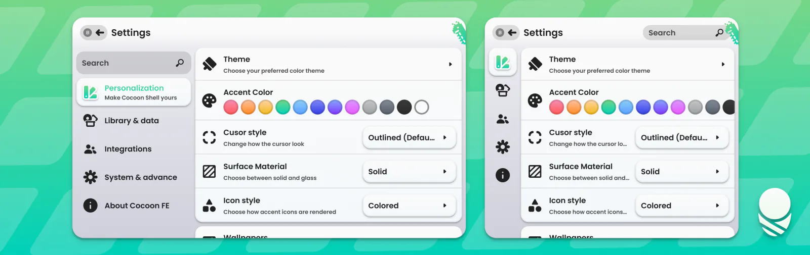 Before and after views of the redesigned Cocoon settings