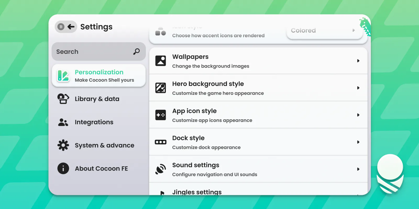 The reorganised Cocoon settings categories