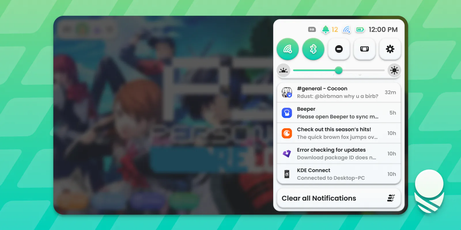 Cocoon status panel with quick settings and notifications